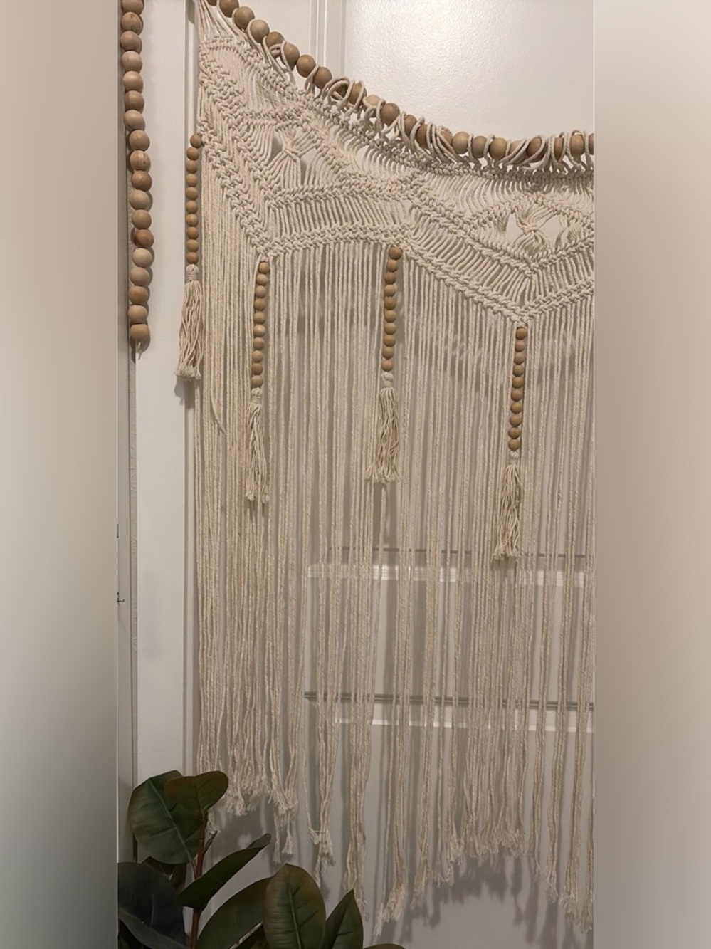 XL Boho Macrame Wall Hanging w Wooden Beads Fringe Natural Fiber Decor Handmade - Picture 2 of 5